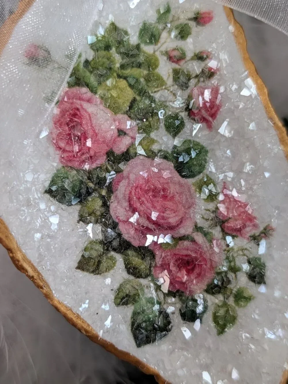 Pink Rose Decoupage Oyster Shell Christmas Ornament Shabby Cottage Chic